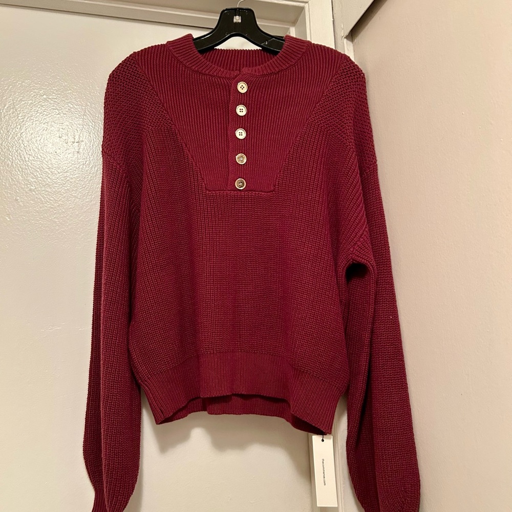 Commense Burgundy Crew Neck Sweater with Button Accents